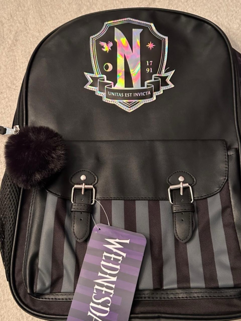 Addams Kids Black Backpack with Holographic Crest